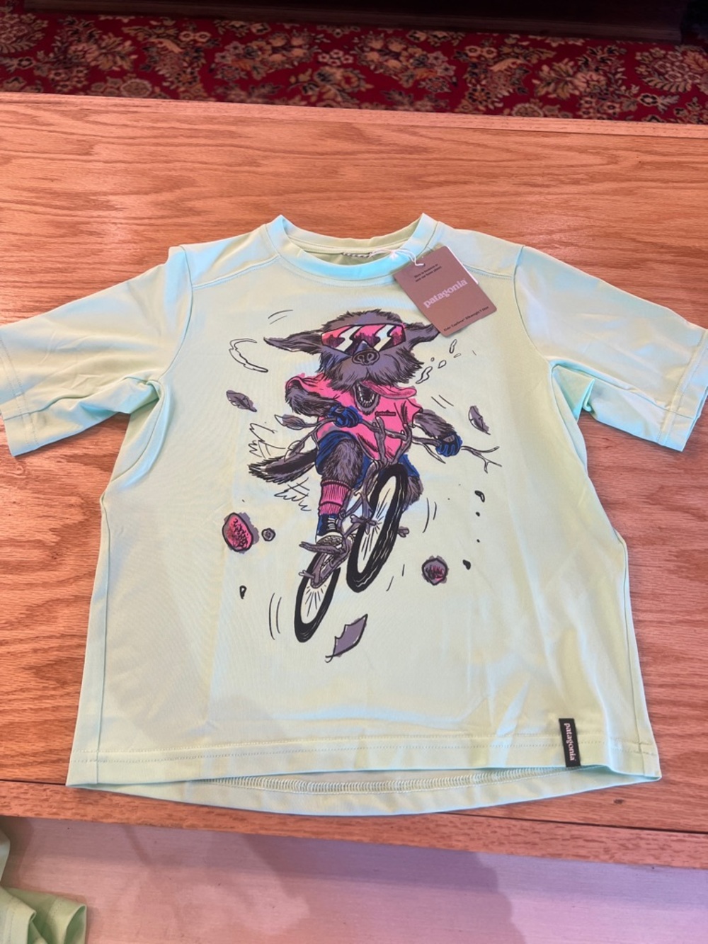 NWT Patagonia Kids Mint Green Dog on Bike Graphic Tee